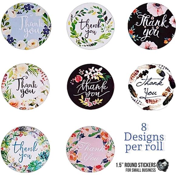 1.5" THANK YOU STICKERS IN 8 FLORAL WREATH DESIGNS BULK ROLL 400 SMALL BUSINESS - Picture 3 of 4